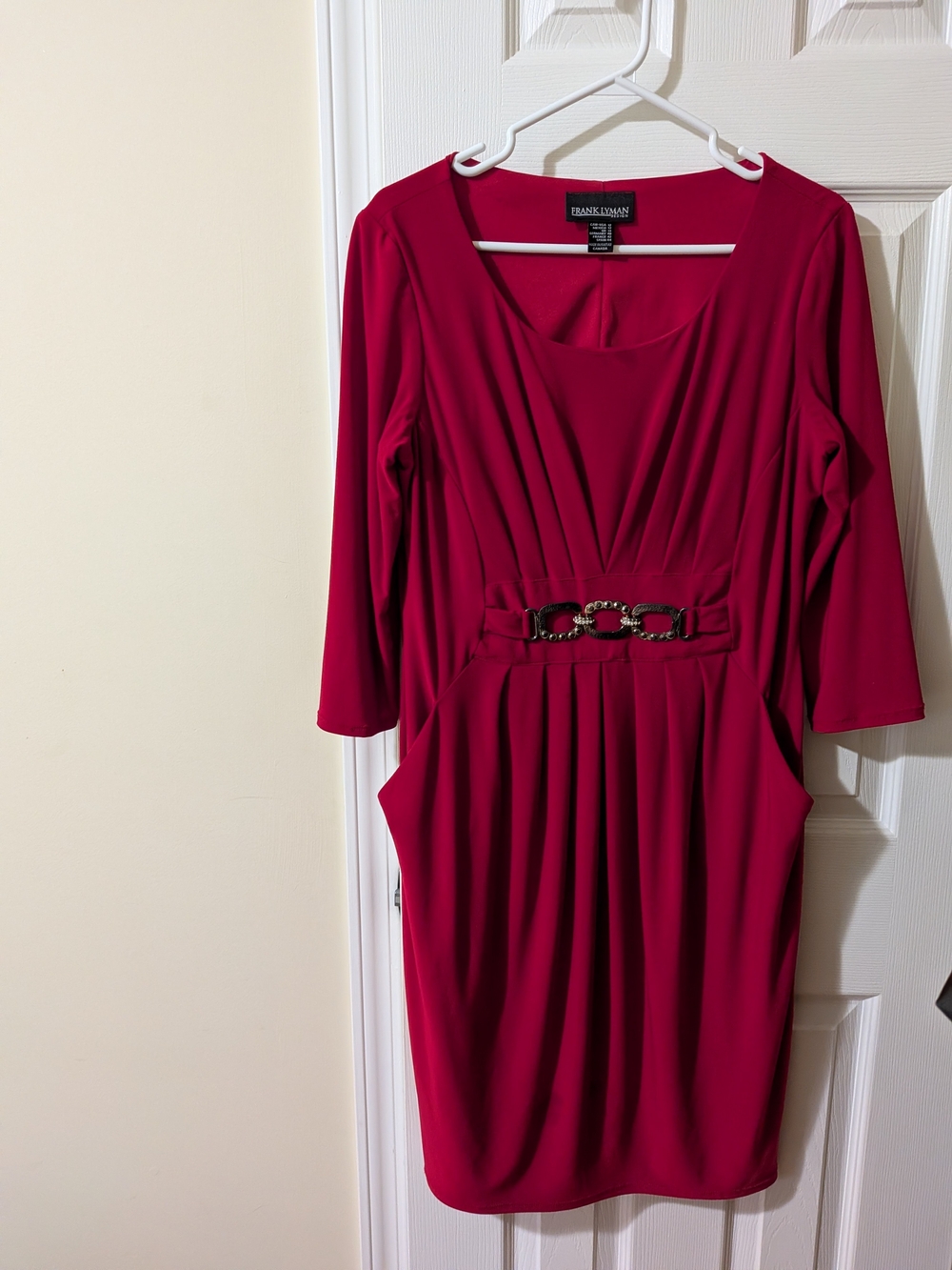 Frank Lyman Design Raspberry Red Pleated Waist Dress with Decorative Buckle